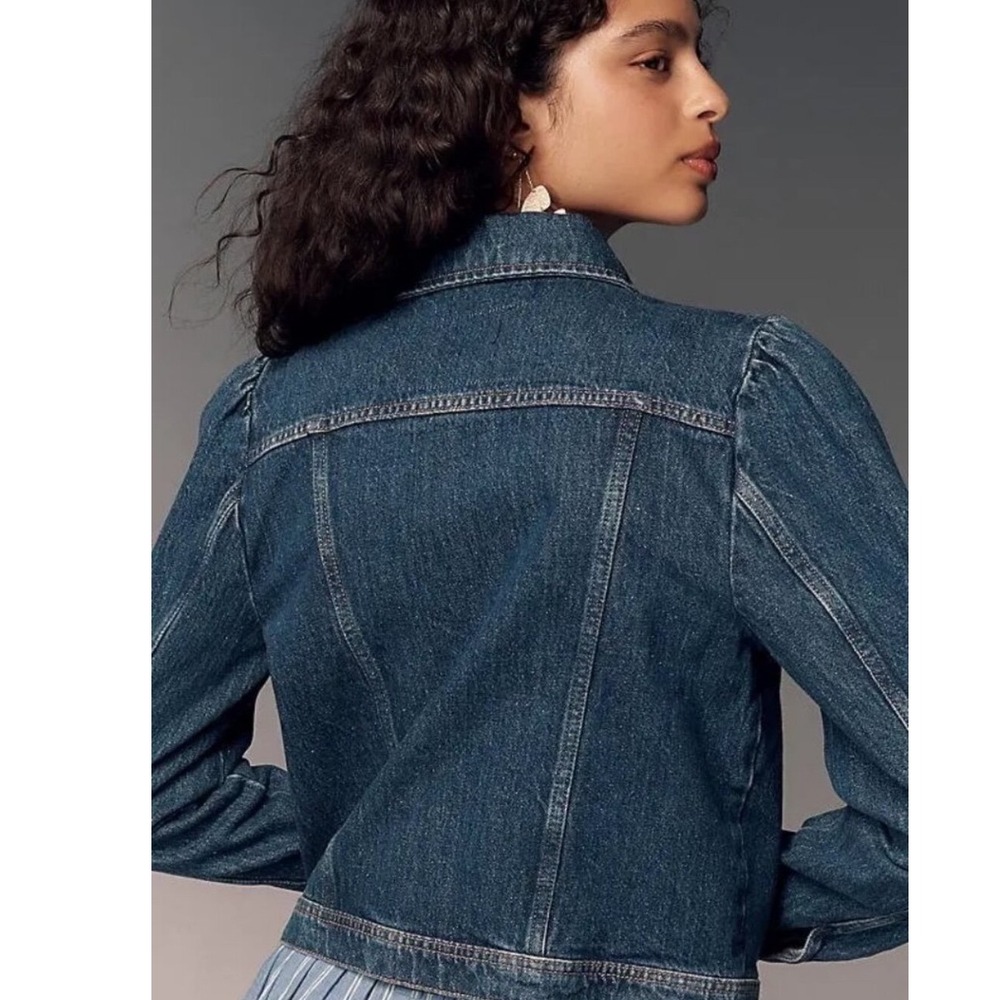 Pilcro Denim Jacket Blue Puff-Sleeve Button-Up Cropped Medium - Picture 5 of 12